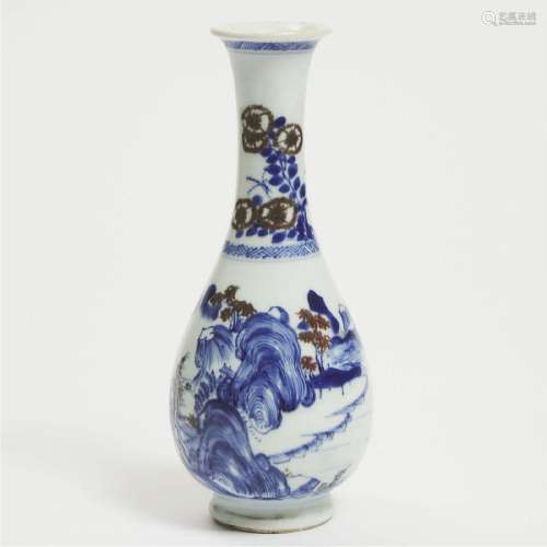 A Blue and White and Copper-Red 'Landscape' Bottle Vase, Ka