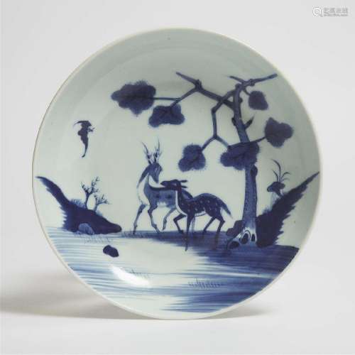 A Blue and White 'Deer' Plate, Yongzheng Period, 18th Centu