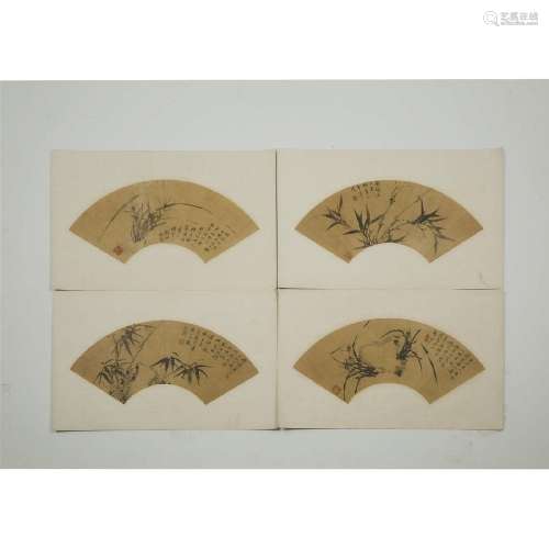 A Group of Four Fan Paintings of Orchids, Bamboo and Callig