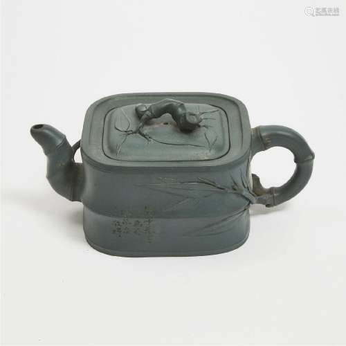 A Green Yixing/Zisha Imitation-Bamboo Square Teapot, Republ