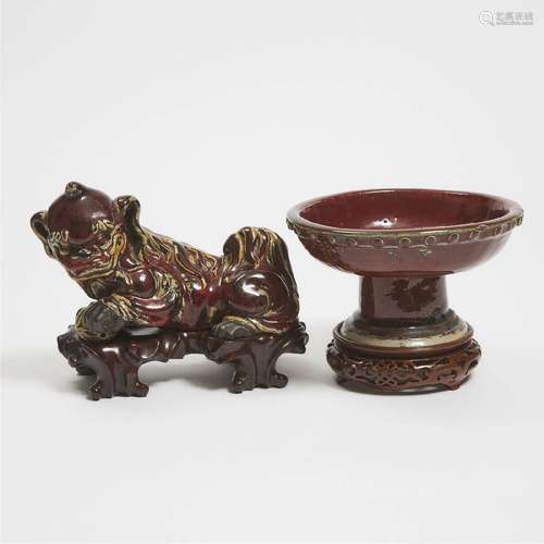 A Shiwan Red-Glazed Lion, Together With a Shiwan Flambé Foo