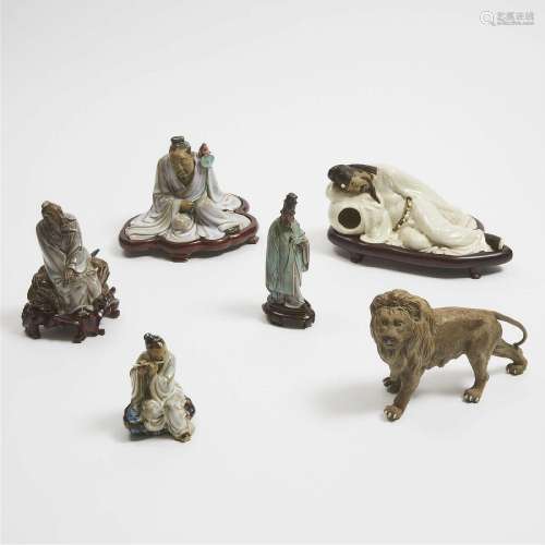 A Group of Six Shiwan Pottery Figures and a Lion, 20th Cent