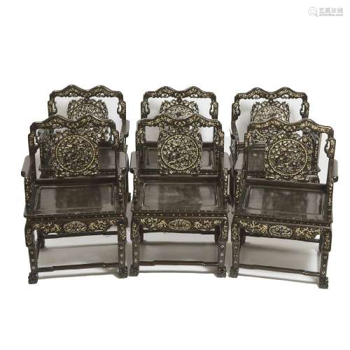 A Set of Six Chinese Export Mother-of-Pearl Inlaid Chairs,