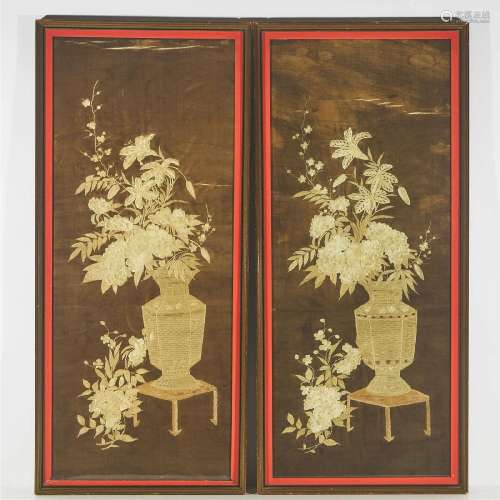 A Pair of Gold Silk Embroidered 'Flower' Panels, Meiji Peri