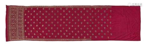 A dark red silk zardozi-embroidered sari. Northern India.