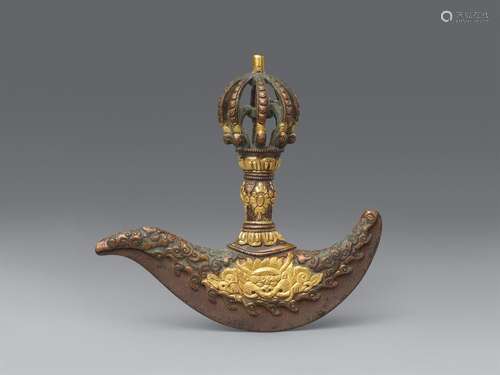 A chopper knife (kartrika). Iron with gilt copper overlays. ...