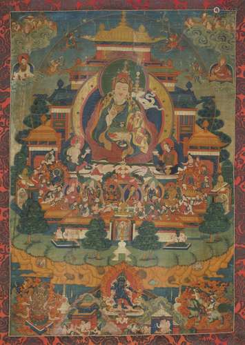 A Thangka of Padmasambhava in Pure Land Copper Coloured Moun...