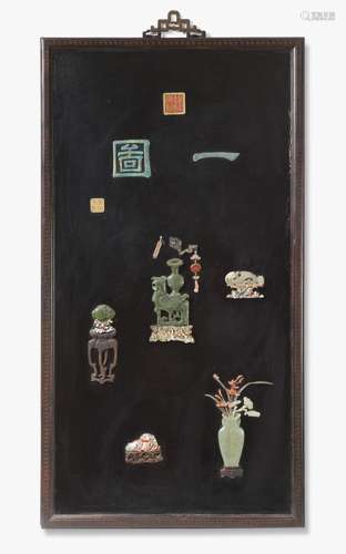 A lacquered wood panel with various inlays. Late 19th centur...