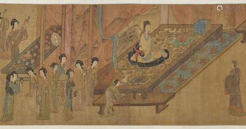 An elegant gathering of scholars. Horizontal scroll, decpict...