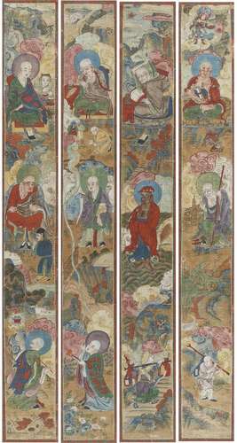 Four hanging scrolls depicting twelve luohan. Ink and colour...