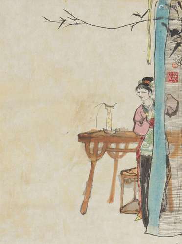 A lady behind a curtain. Hanging scroll. Ink and colours on ...