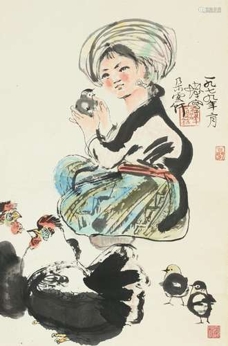 A Miao-girl with chickens. Hanging scroll. Ink and colour on...