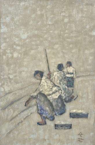 Untiteled (Field workers). Oil on canvas. Inscribed Soo Keun...