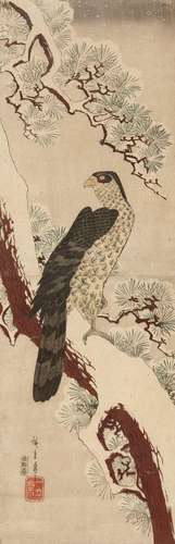 Vertical ôban diptych. Hawk on snow-covered pine branch. Sig...