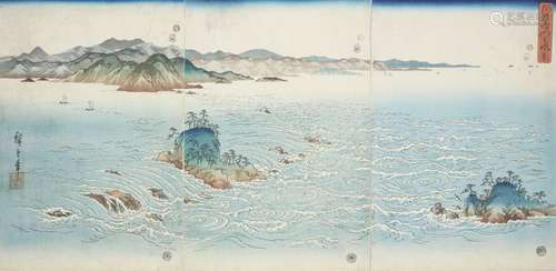 Ôban triptych. View of the whirlpools at the Naruto Straits ...