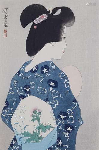 Ôban. Title: Suzumi. Young woman with fan. Signed: Shinsui g...