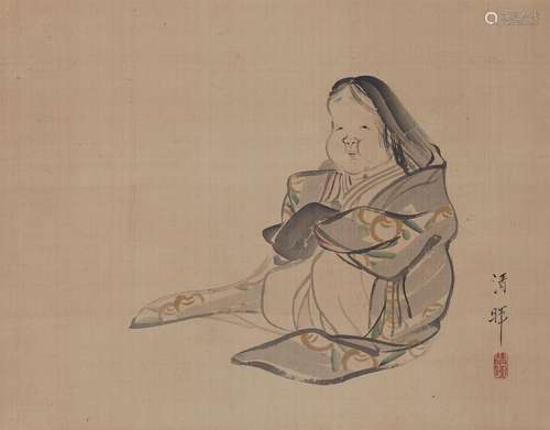 A hanging scroll, depicting a seated Okame. Ink and light co...