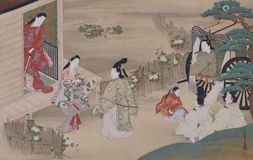 A hanging scroll depicting Prince Genji visiting a lady who ...