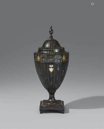 A Nagasaki lacquer and mother of-pearl inlaid cutlery urn. A...