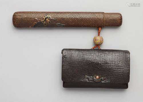 A leather and wickerwork tobacco set. Second half 19th centu...