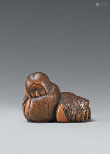 A fine Nagoya school wood netsuke of a sleeping shôjô. Mid-1...