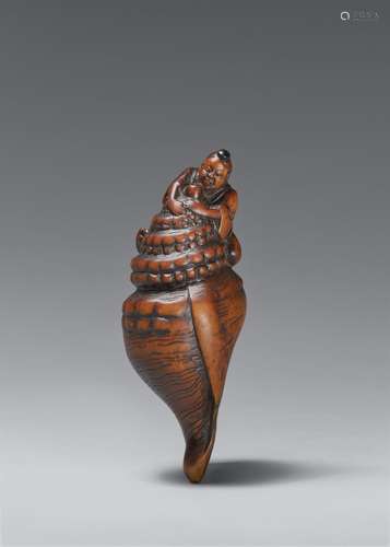 A boxwood netsuke of Benkei on a hora. Early 19th century