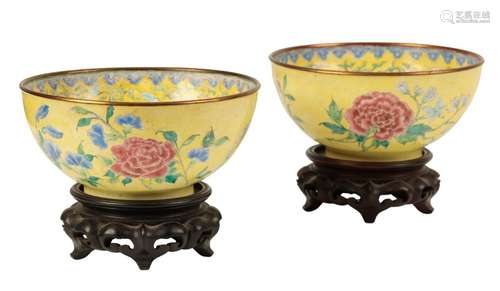 A PAIR OF CHINESE CANTON ENAMEL YELLOW GROUND BOWLS