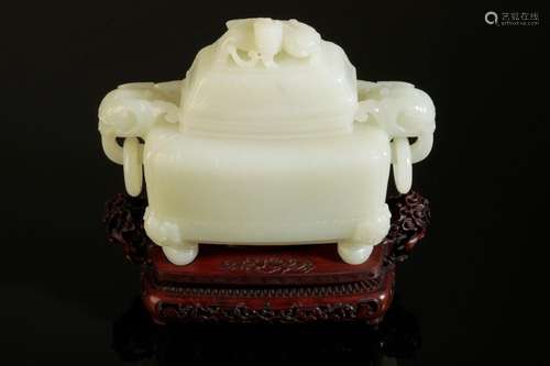 A CHINESE `WHITE` JADE CENSER AND COVER