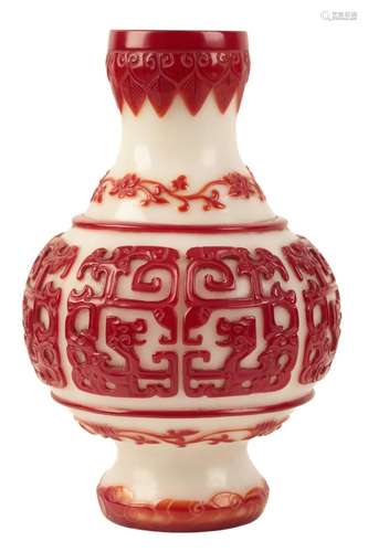 A `BEIJING` WHITE AND RED OVERLAY GLASS VASE