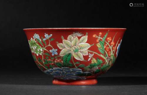 A FINE CHINESE CORAL-GROUND BOWL