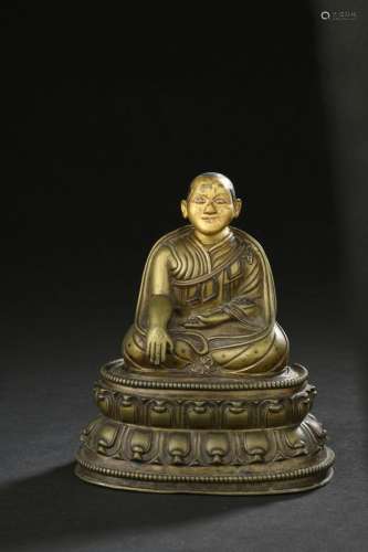 Statuette de Lama en bronze repoussé et partiellement doré<b...