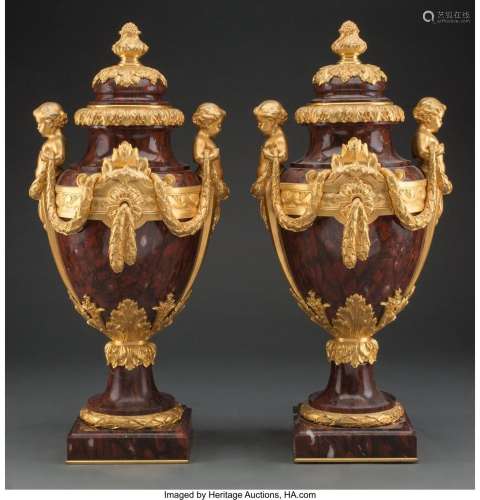 A Pair of Belle Epoque Gilt Bronze-Mounted Rouge Marble Cove...