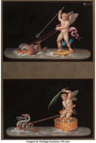 A Set of Three Pairs of Classical Gouache on Laid Paper Tabl...