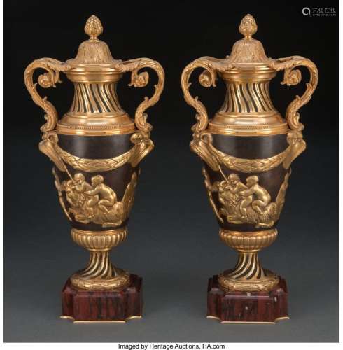 A Pair of Partial-Gilt and Cold Painted Bronze Covered Urns ...