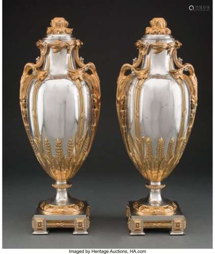 A Pair of Louis XVI-Style Gilt and Silver Bronze Covered Urn...