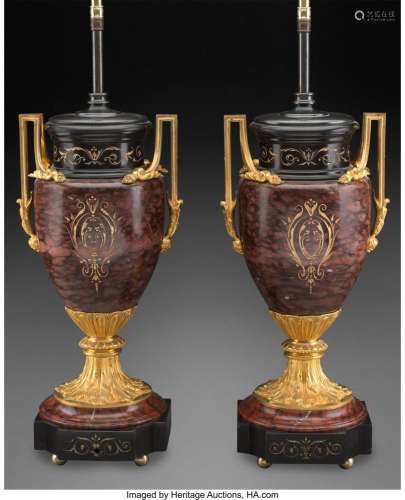 A Pair of Louis XVI-Style Gilt Bronze-Mounted Jasper Urns Mo...