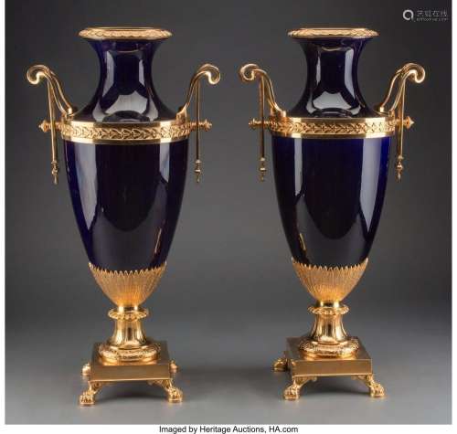 A Pair of Neoclassical-Style Gilt Bronze-Mounted Porcelain V...