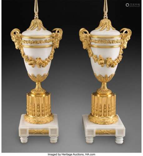 A Pair of Louis XVI-Style Gilt Bronze-Mounted Marble Urns Mo...