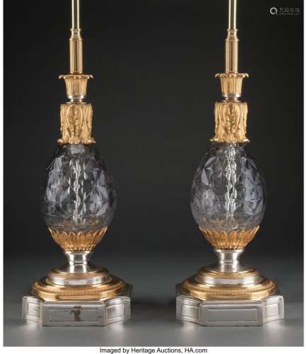 A Pair of French Gilt Metal-Mounted Cut-Glass Table Lamps, e...