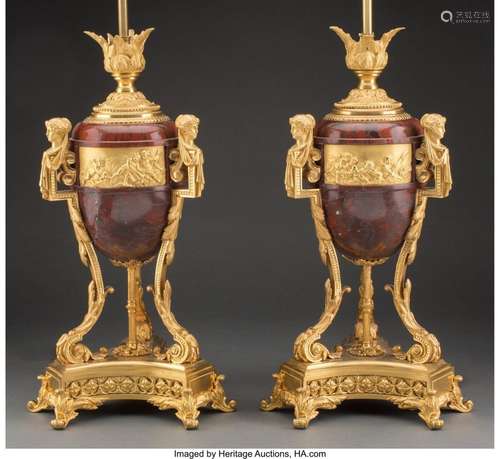 A Pair of Napoleon III Gilt Bronze-Mounted Marble Lamps, lat...