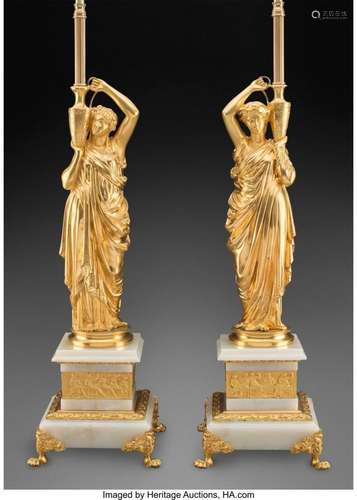 A Pair of Neoclassical Gilt Bronze Figures Mounted as Lamps,...