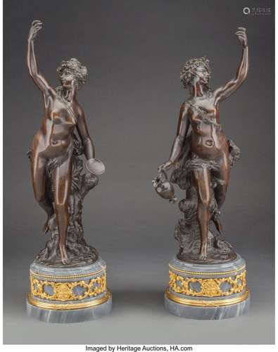 A Pair of Patinated Bronze Figures on Gilt Bronze-Mounted Ma...