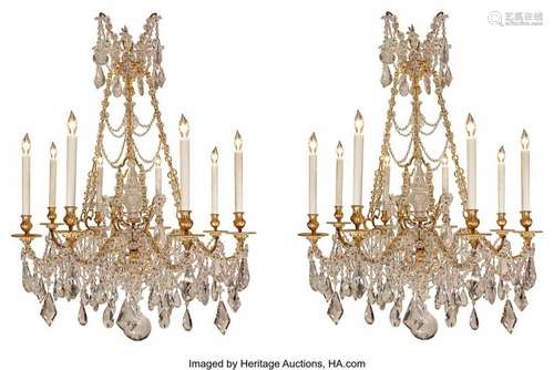 A Pair of Baccarat-Style Gilt Bronze Crystal Eight-Light Cha...