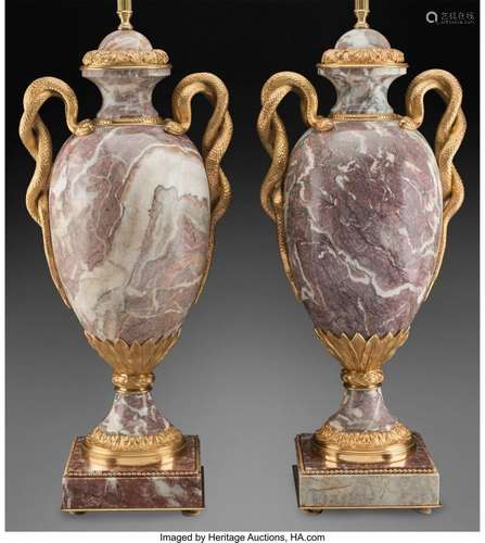 A Pair of Neoclassical-Style Gilt Bronze-Mounted Jasper Urns...