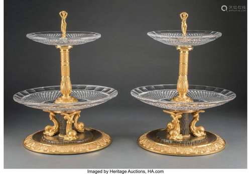 A Pair of Baccarat-Style Gilt and Patinated Bronze and Cut-G...