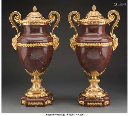 A Pair of Louis XVI-Style Gilt Metal-Mounted Rouge Marble Co...