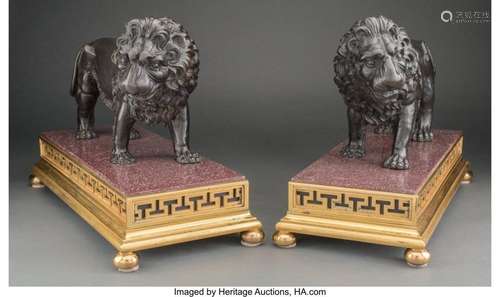 A Pair of Louis XVI-Style Patinated Bronze Lion Figures on G...