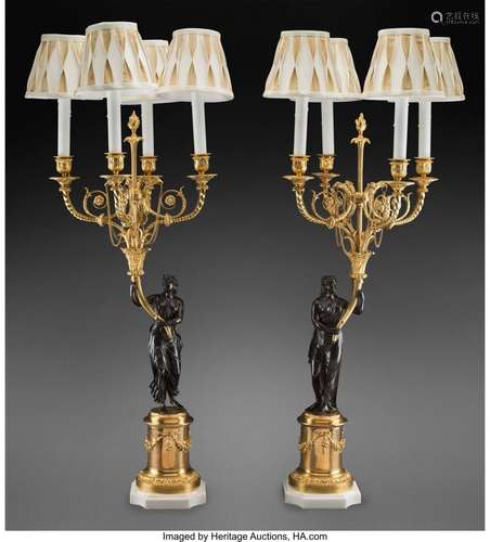 A Pair of Napoleon III-Style Gilt and Patinated Bronze Figur...