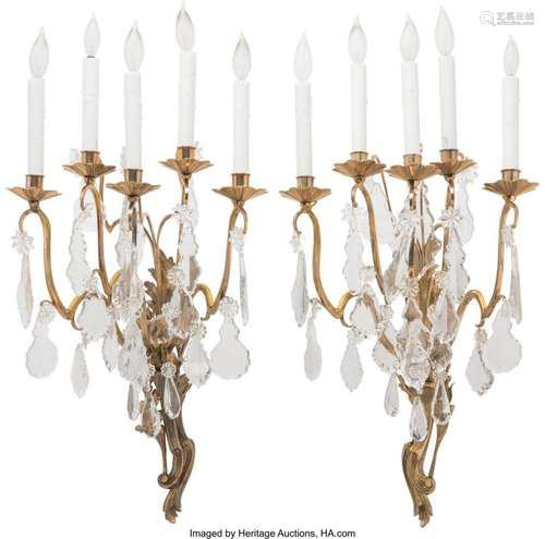 A Pair of Louis XVI-Style Gilt Bronze and Crystal Five-Light...