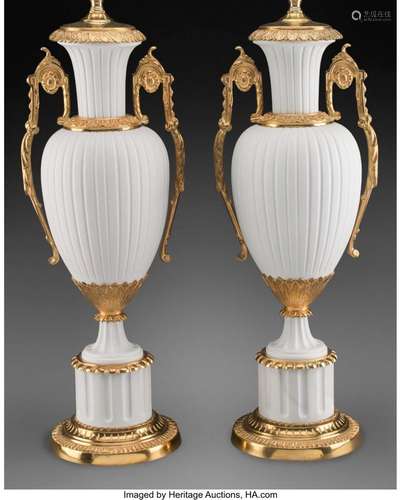 A Pair of Neoclassical-Style Bisque Porcelain Urns Mounted a...